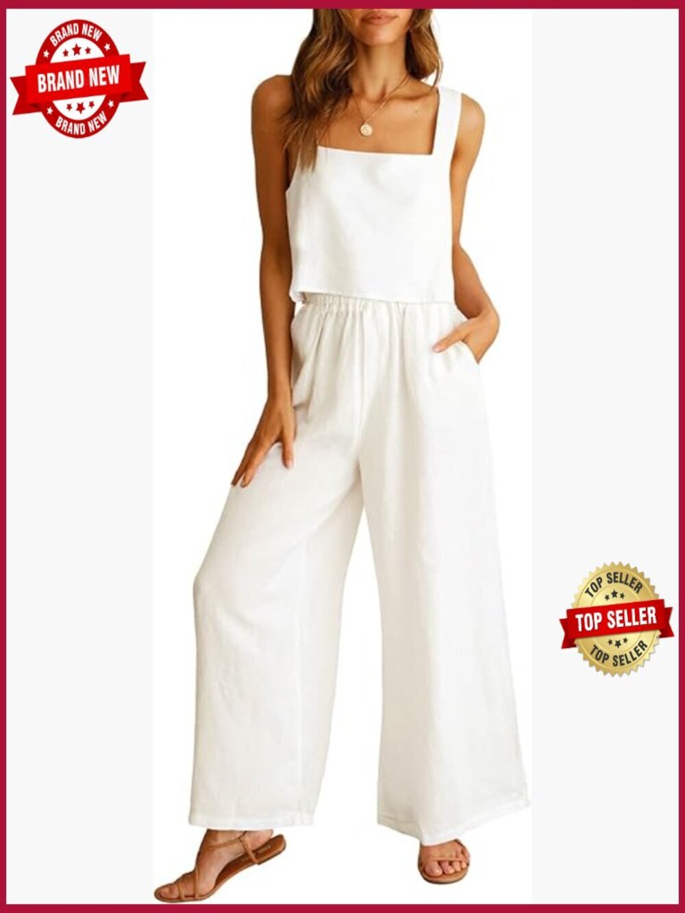Linen 2 Piece Lounge Set Crop Top Wide Leg Pants Jumpsuit Summer Vacation